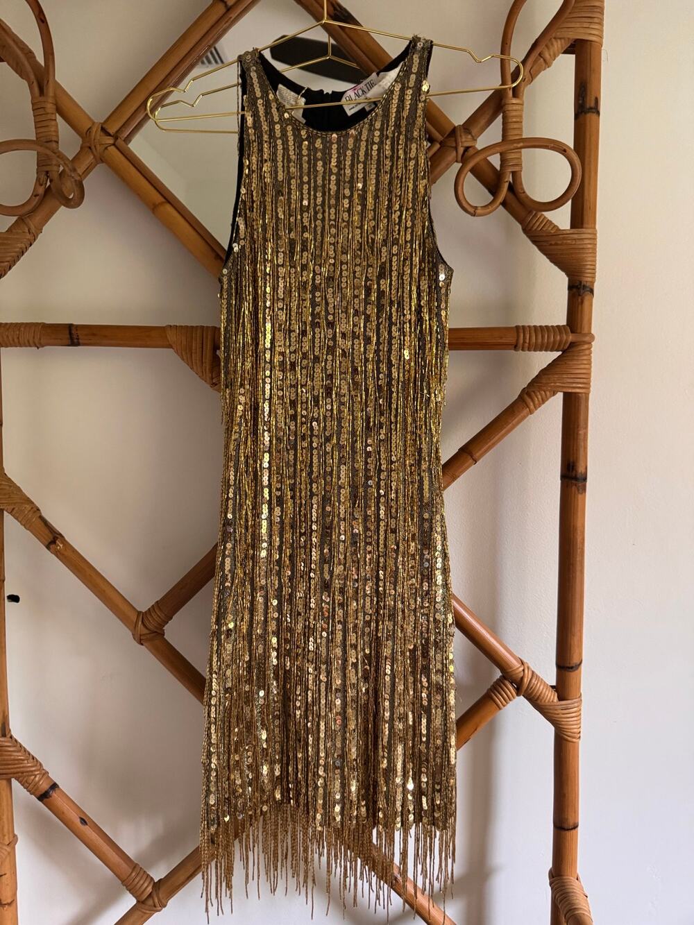 Vintage 1980's Black Tie Gold Sequin Fringe Mini Dress